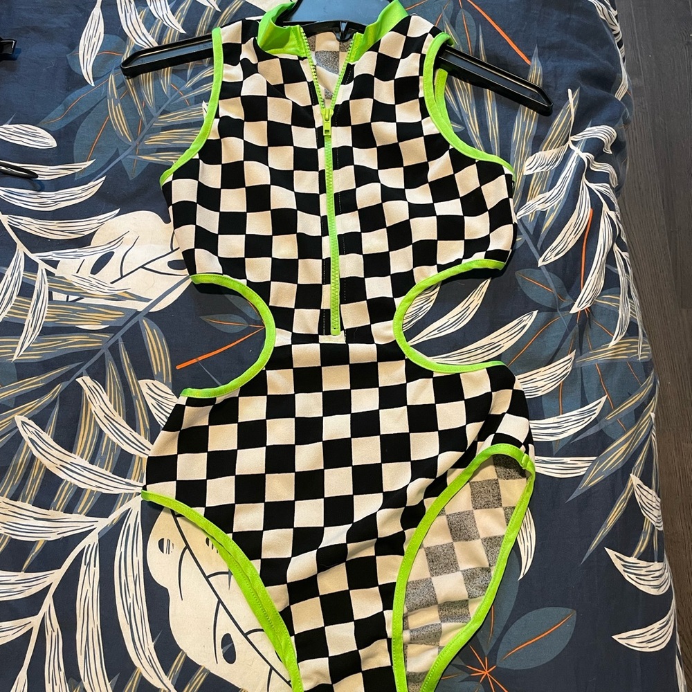 Rave / Festival Cut Out Checkered Outfit - Neon Green, Black and White